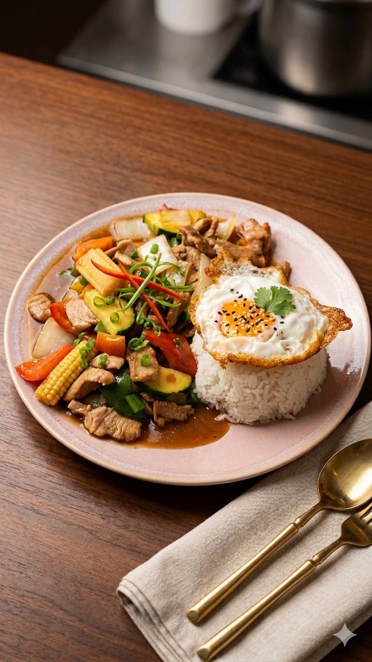 Thailändisches Gericht mit Gemüse und Reis