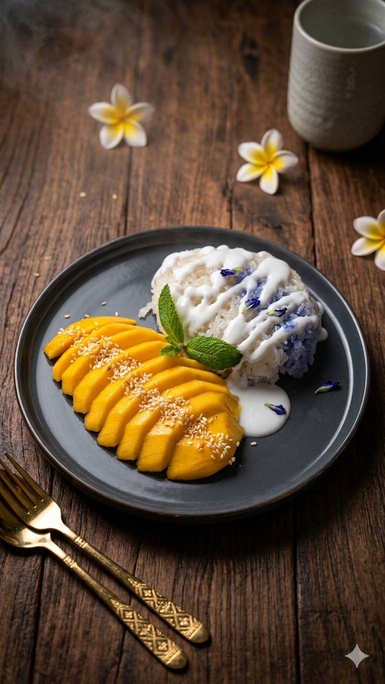 Thailändisches Dessert mit Mango und Kokos