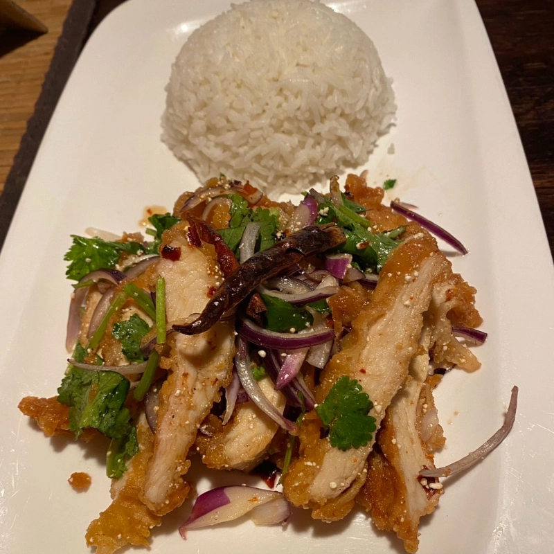 Thailändisches Gericht mit Reis und Fleisch
